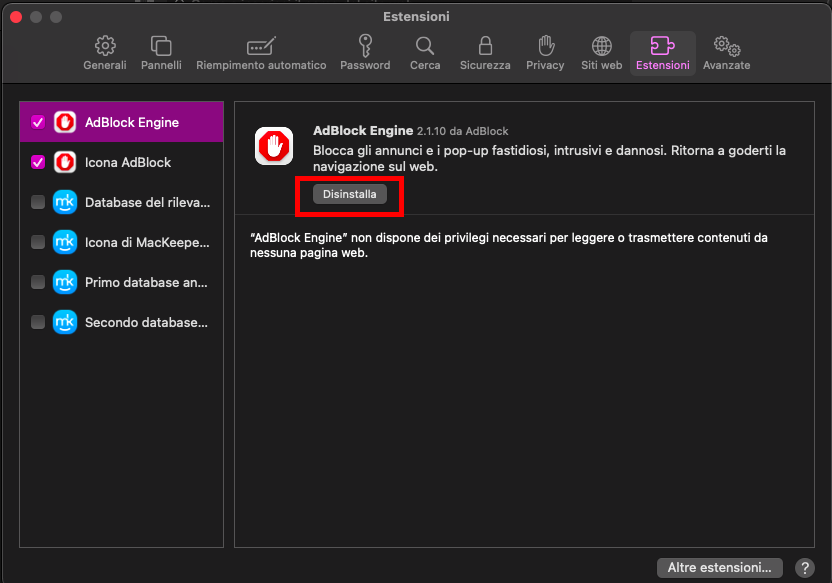 Nelle Preferenze di Safari è possibile sfogliare le estensioni installate e rimuoverle. Cercate qualsiasi cosa che possa essere un malware.