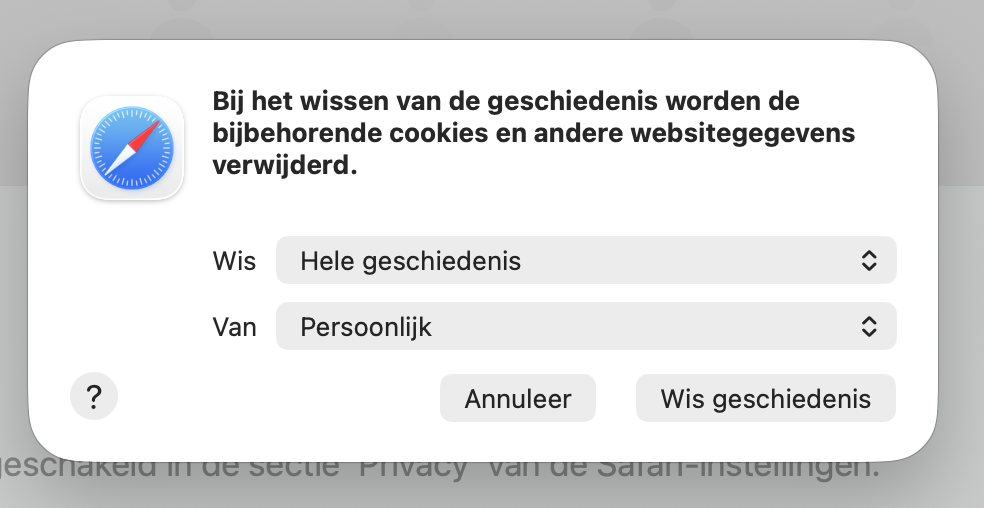 De melding ‘Wis geschiedenis’ in Safari op macOS vraagt om te bevestigen dat je alle websitedata wilt verwijderen. Klik op ‘Wis geschiedenis’ om door te gaan.