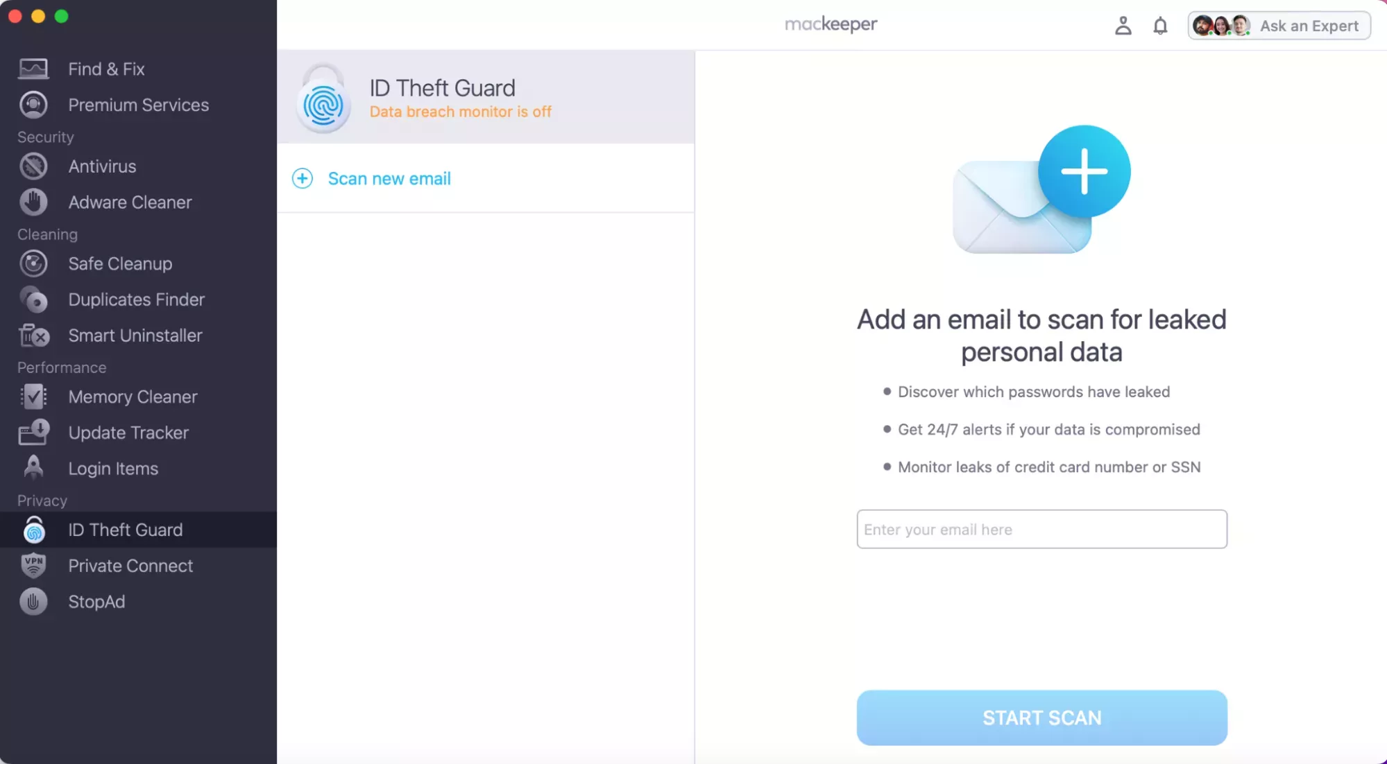 MacKeeper is opened on a Mac. Scan your email to track breaches affecting you after your lost Mac has been factory reset.