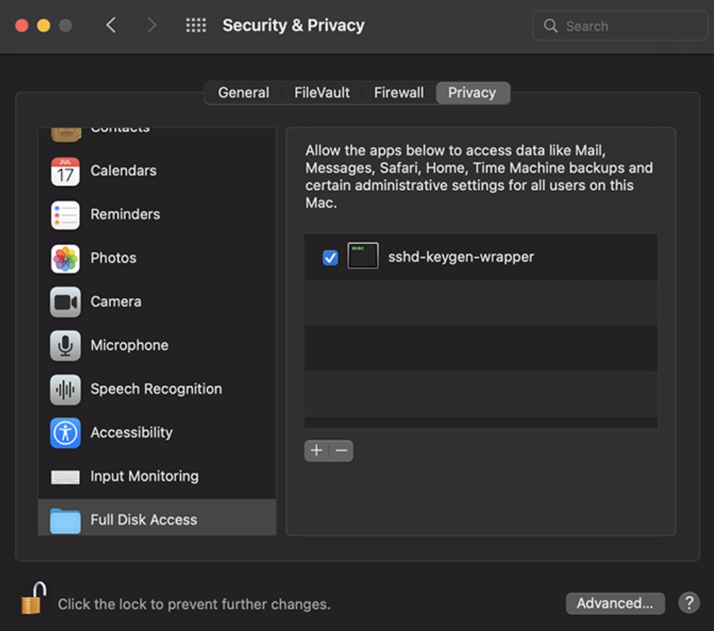 Privacy settings are opened on a MacBook device. Select Full Disk Acces to to remove or disable sshd-keygen-wrapper on Mac.