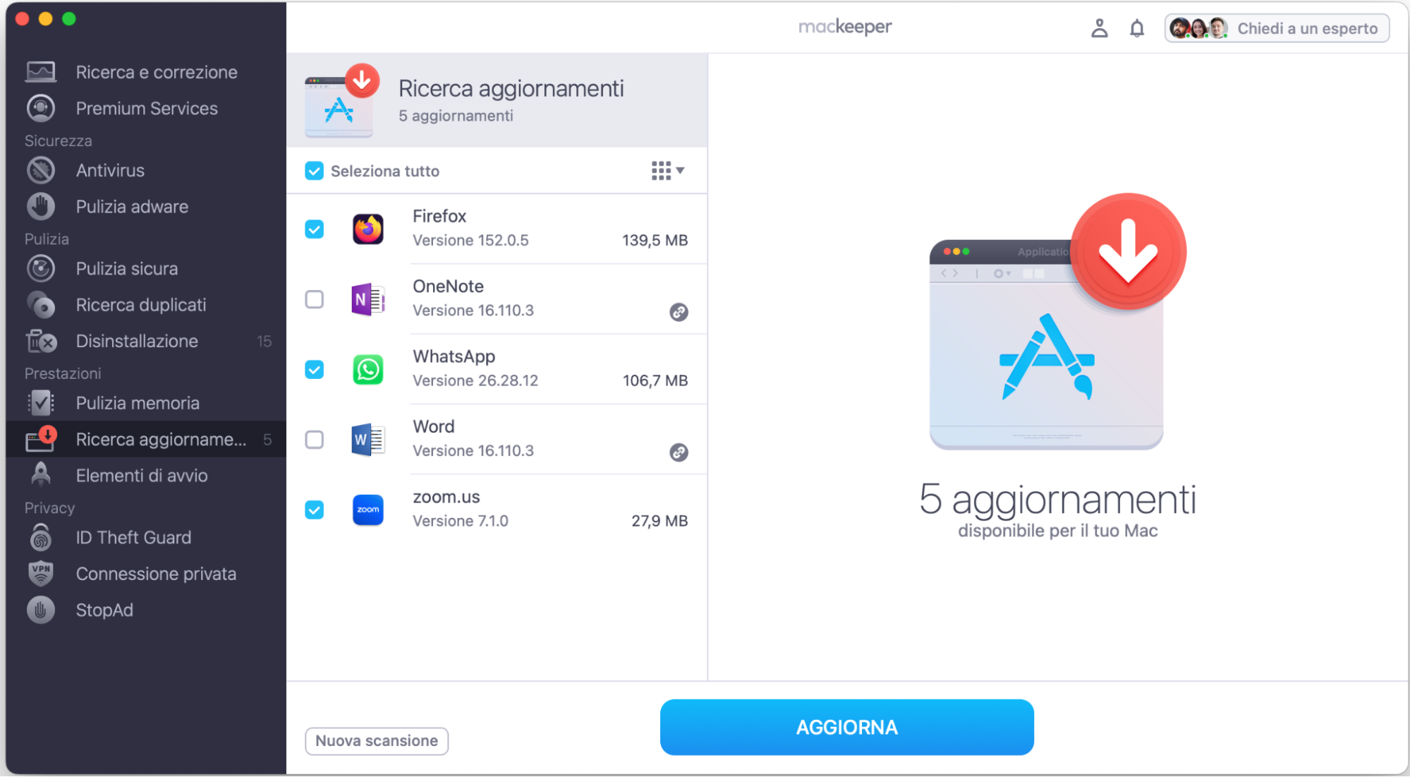 Seleziona la casella accanto all’app che vuoi aggiornare e clicca sul pulsante Aggiorna.