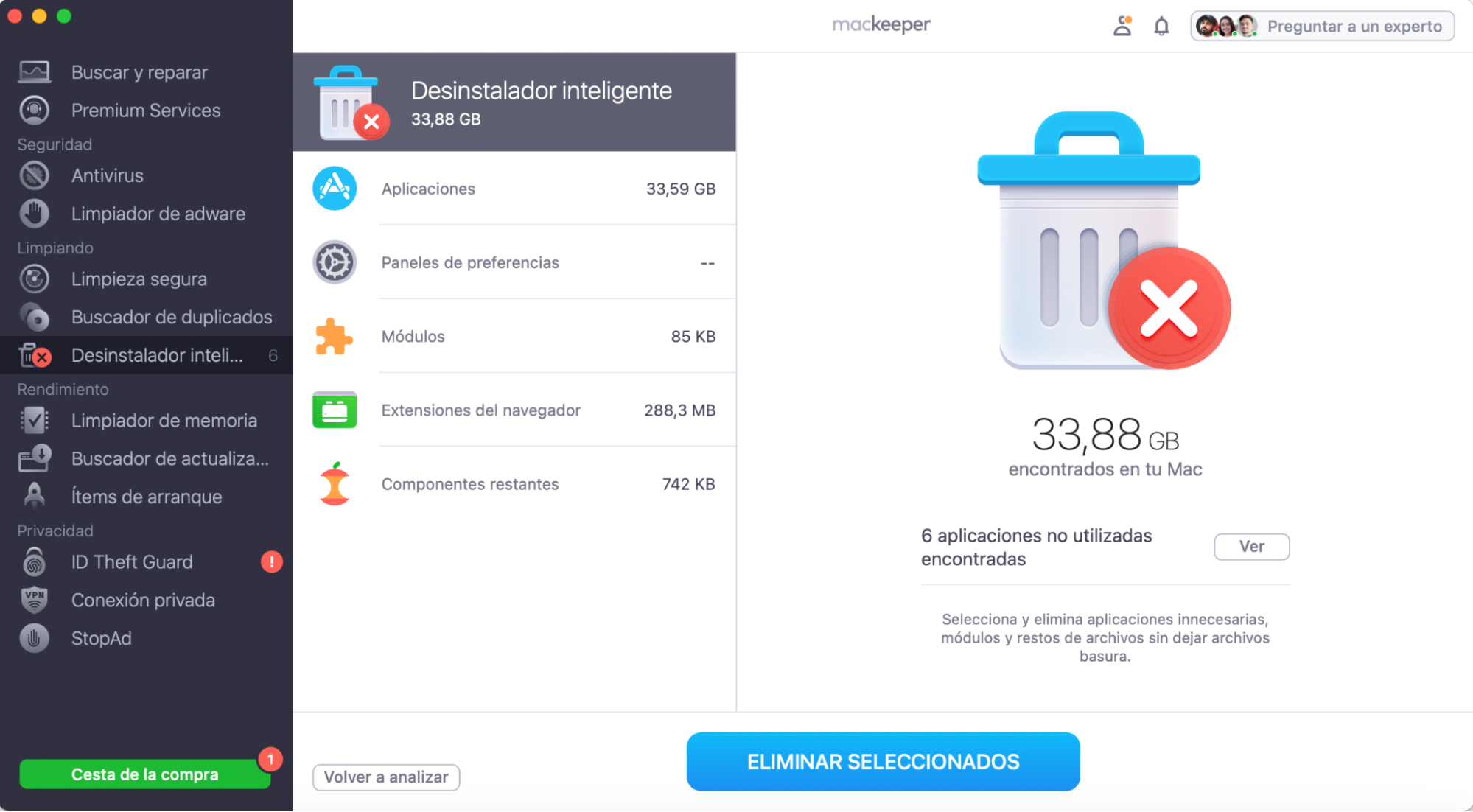 Tras el análisis, revisa la lista de archivos que las aplicaciones pretenden eliminar. Selecciona lo que quieras eliminar y haz clic en Eliminar seleccionados.