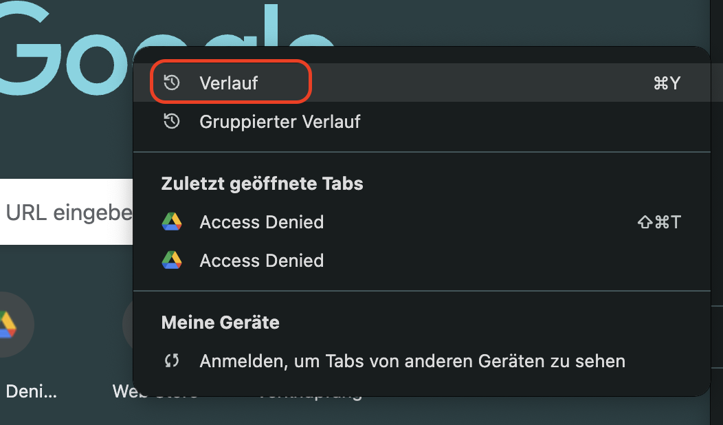 Wenn sich das neue Fenster öffnet, klicken Sie erneut auf Verlauf.
