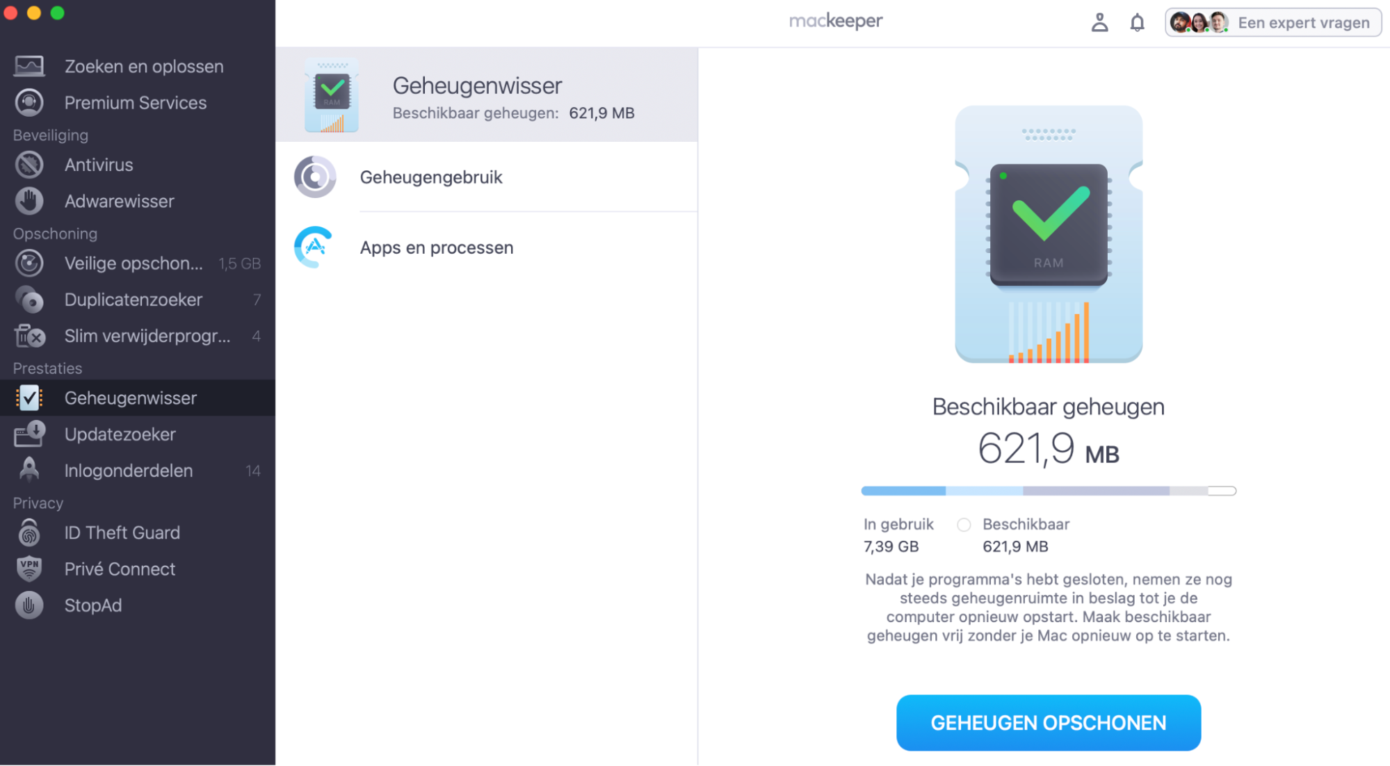 De tool Geheugenwisser is geopend en gestart in MacKeeper als een van de beschikbare opschoonfuncties in de app. Je ziet het resultaat dat aan de gebruiker wordt getoond, inclusief een overzicht van het bezette en beschikbare geheugen op het apparaat.