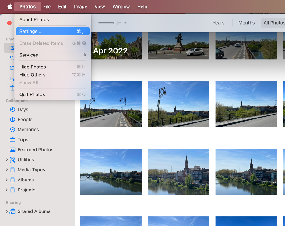 To optimize space on your Mac, open Photos and launch the Settings panel.