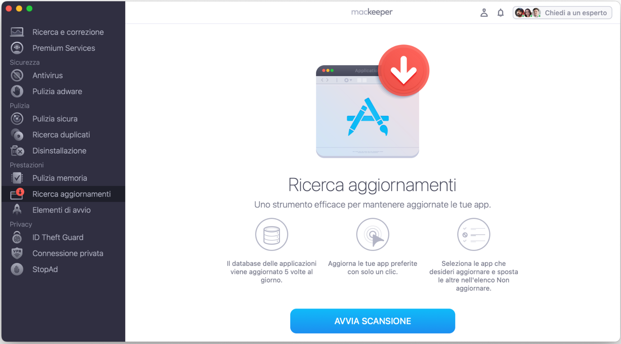 Controlla quali applicazioni necessitano di un aggiornamento. Avvia MacKeeper e seleziona Ricerca Aggiornamenti dal menu laterale sinistro, e clicca Avvia Scansione.