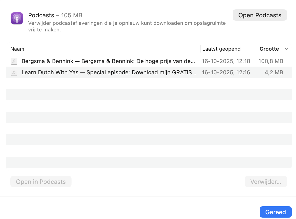 Pop-upvenster met een lijst van grote bestanden in de opslaginstellingen van macOS.