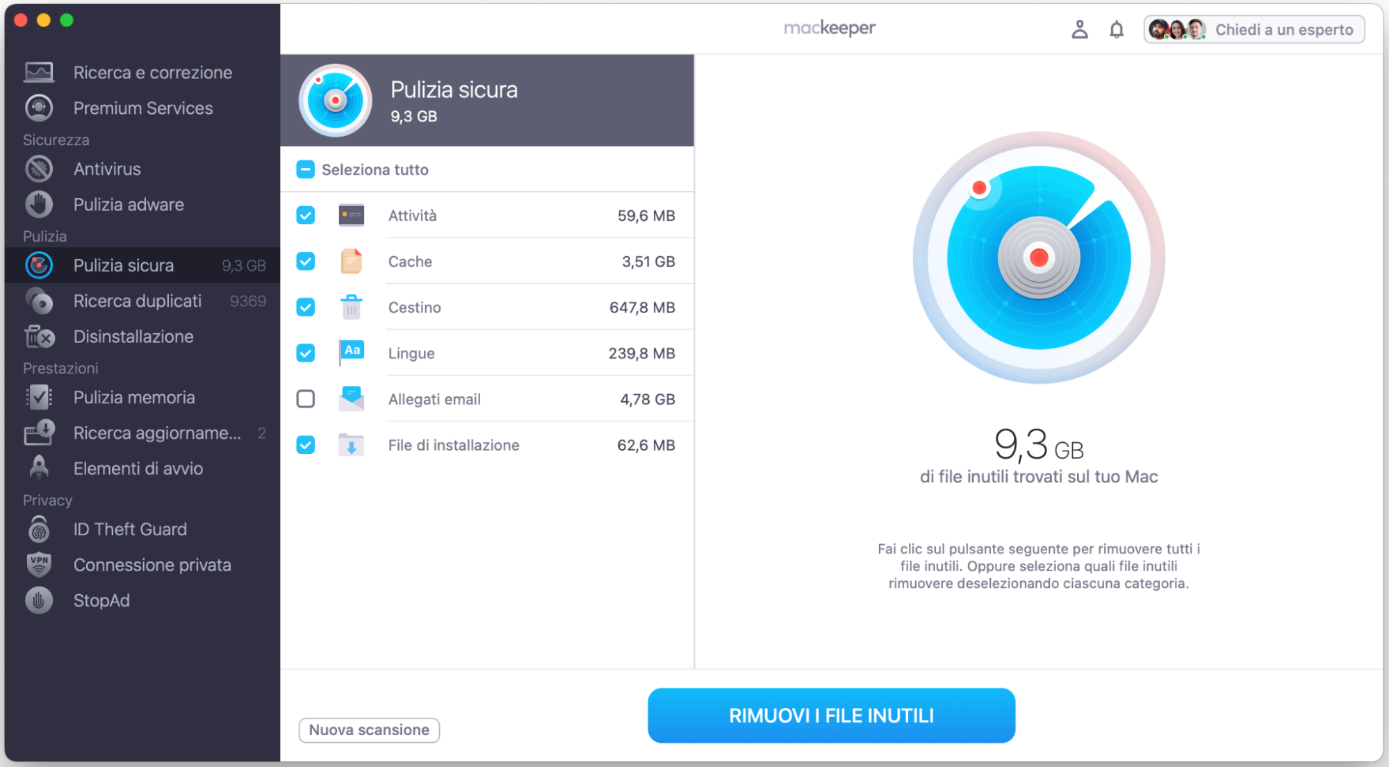 Una volta completata la scansione, puoi controllare i risultati e selezionare log, cache e file nel Cestino da eliminare per migliorare le prestazioni e la connessione di rete del Mac.