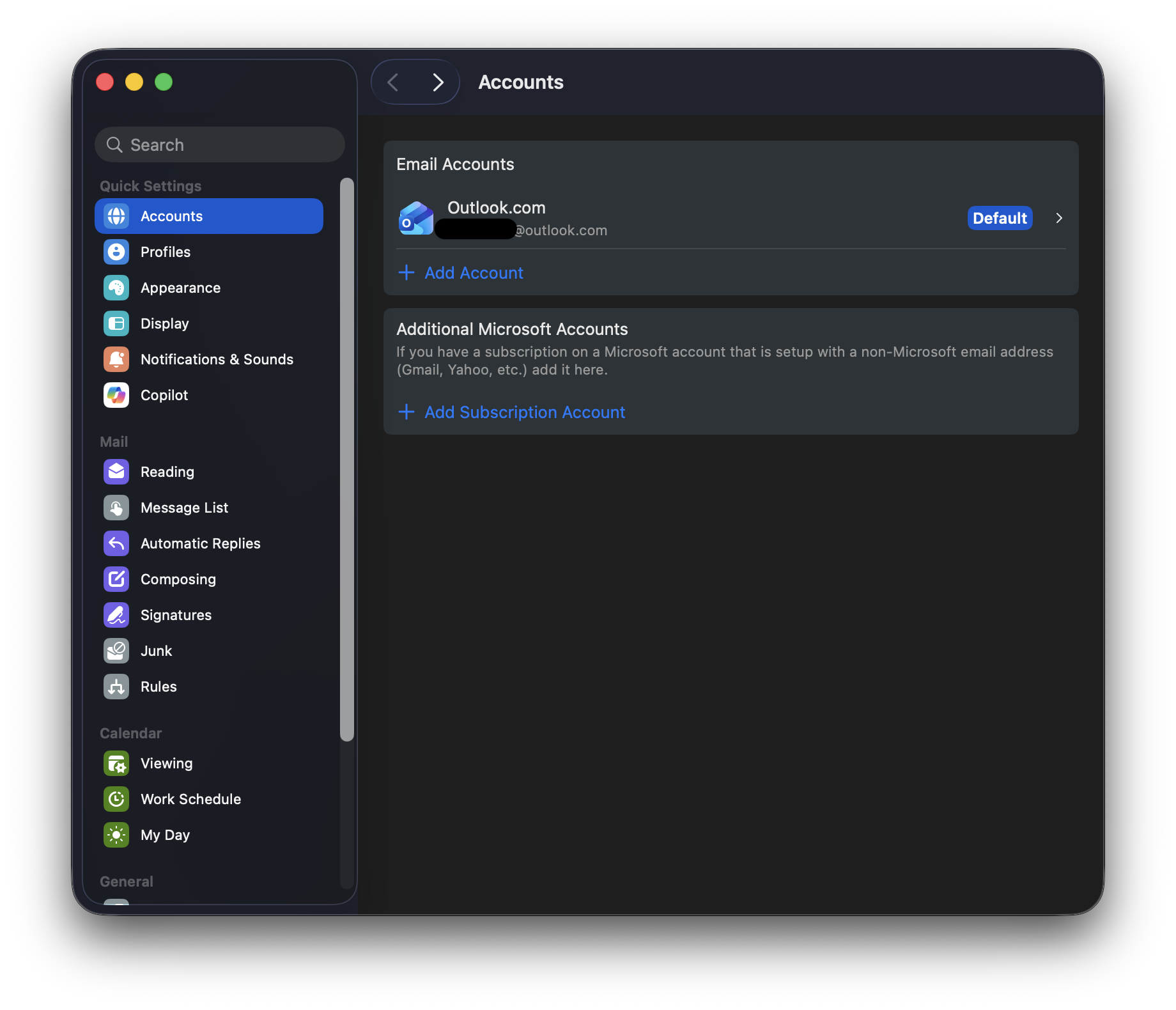 Once in Settings, click Accounts and select your primary email address. This is the second step to clear Outlook cache or application data.