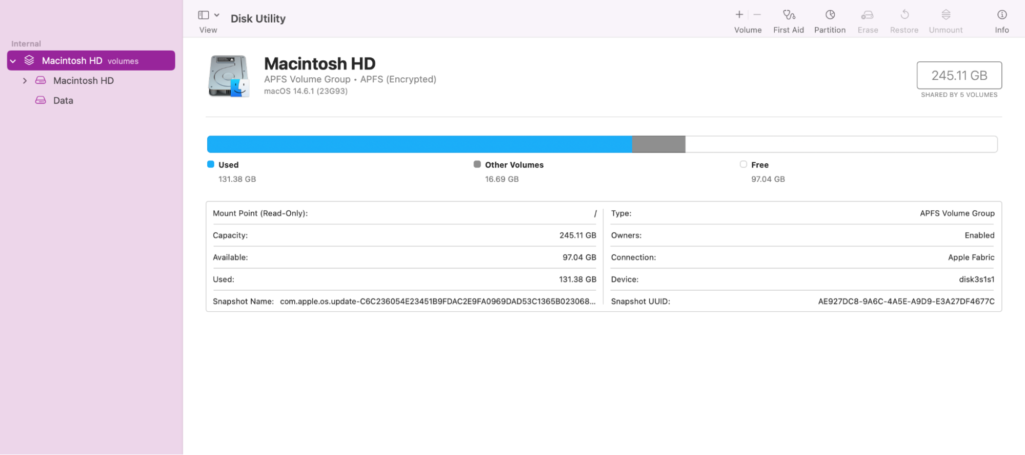 To run First Aid in Disk Utility, you'll need to open Finder. Then go to the Applications folder and Utilities. There you'll find Disk Utility. Open it and highlight Macintosh HD in the sidebar.
