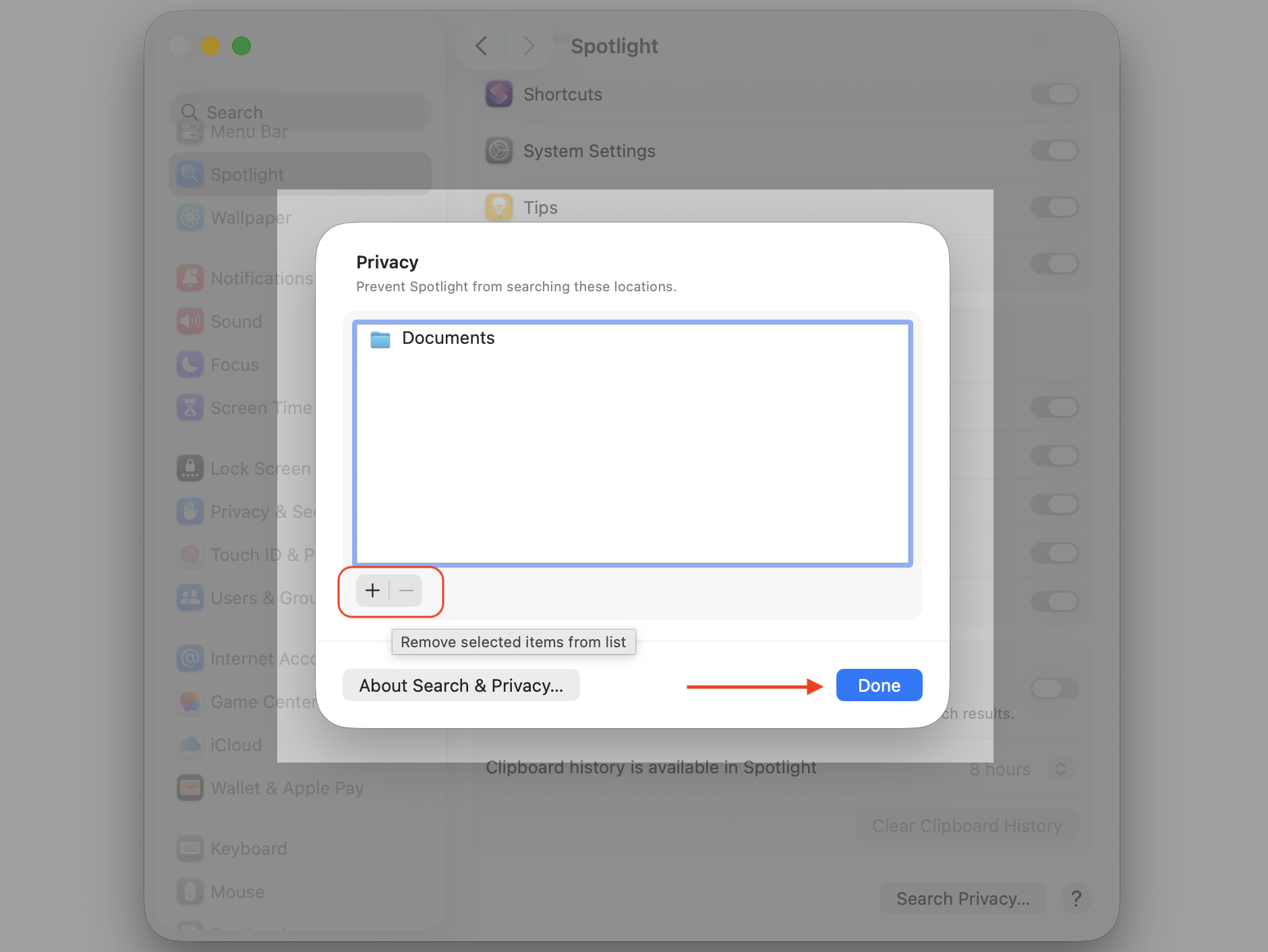 Search Privacy window on an Apple computer with the plus (+) button used to exclude large folders from Spotlight indexing on macOS Tahoe.