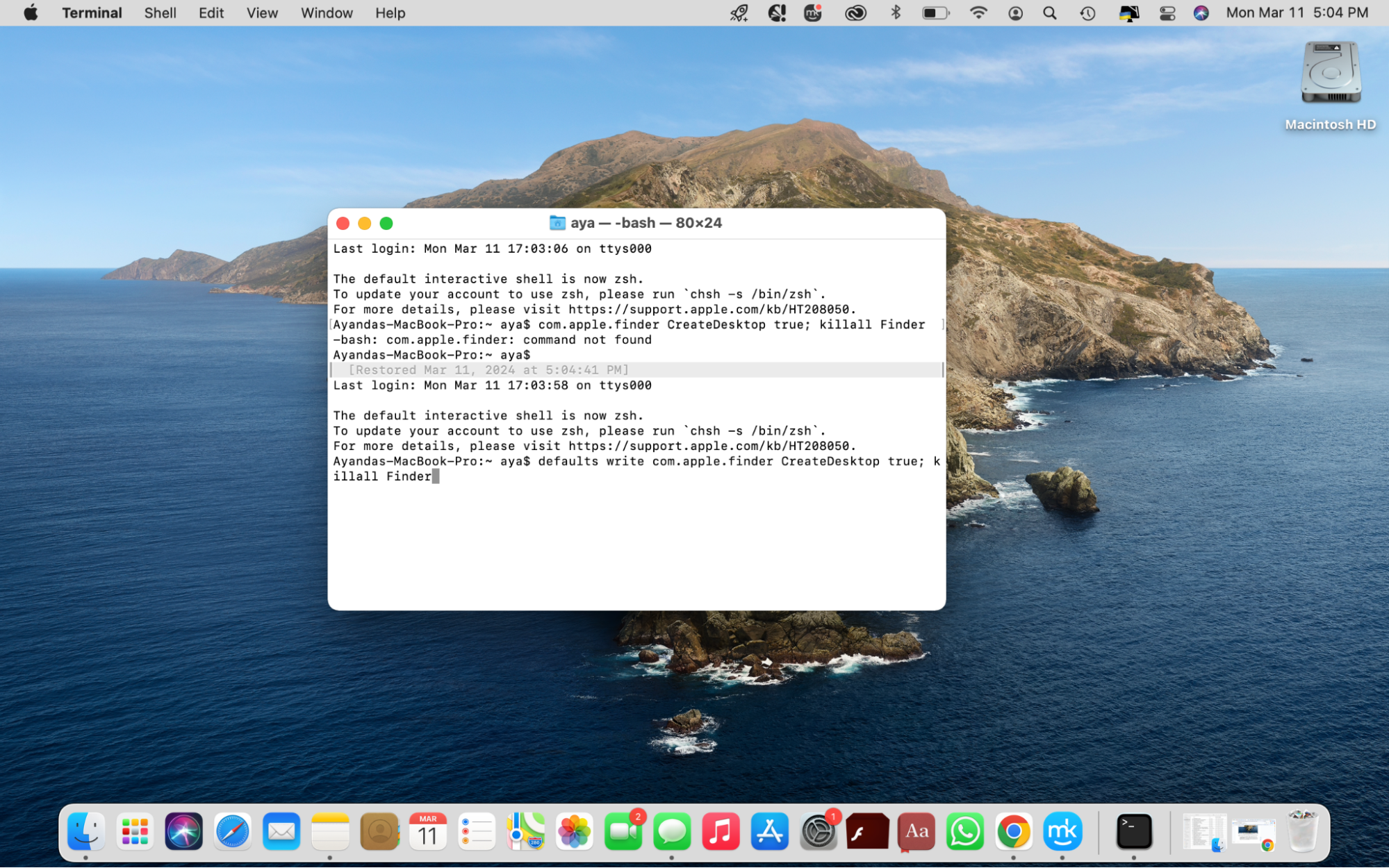 Para desocultar los iconos del escritorio de tu Mac, copia y pega el comando defaults write com.apple.finder CreateDesktop true; killall Finder en la ventana Terminal y pulsa Intro. Es posible que se te pida que introduzcas tu contraseña de administrador.