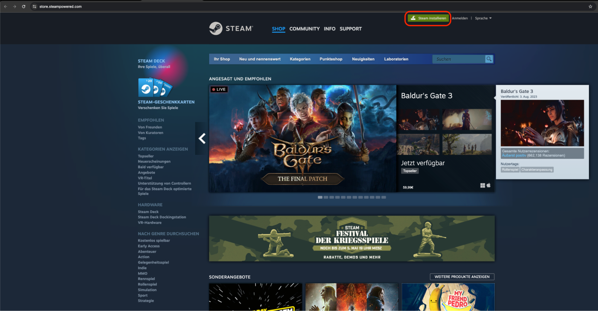 Browserfenster mit der Steam-Webseite und der Schaltfläche Steam installieren. Klicken Sie darauf, um den Installationsvorgang zu starten.