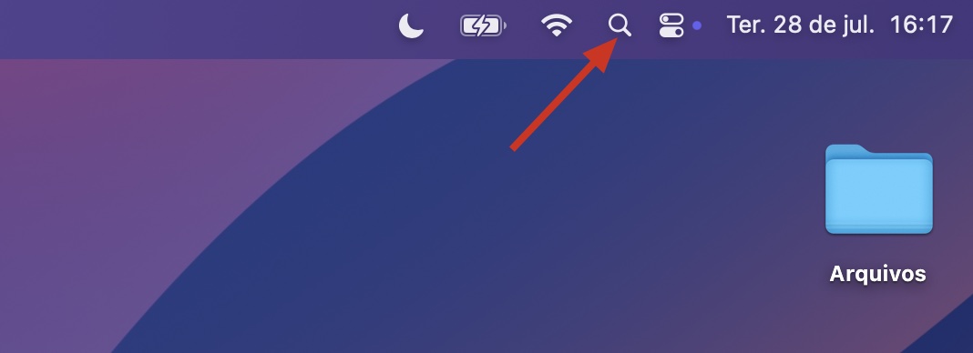 Ícone da Busca do Spotlight na barra de menus do macOS. Para encontrar a pasta Aplicativos, pesquise por Aplicativos e selecione a pasta nos resultados.