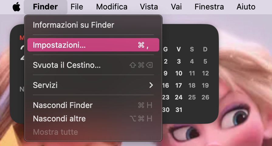 L'opzione Finder nella barra dei menu su Mac. Se stai cercando di scoprire dove si trova la cartella Applicazioni perché è scomparsa, seleziona Impostazioni per riportare la scorciatoia Applicazioni nella barra laterale del Finder.