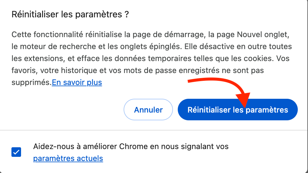 Enfin, cliquez sur Réinitialiser les paramètres.