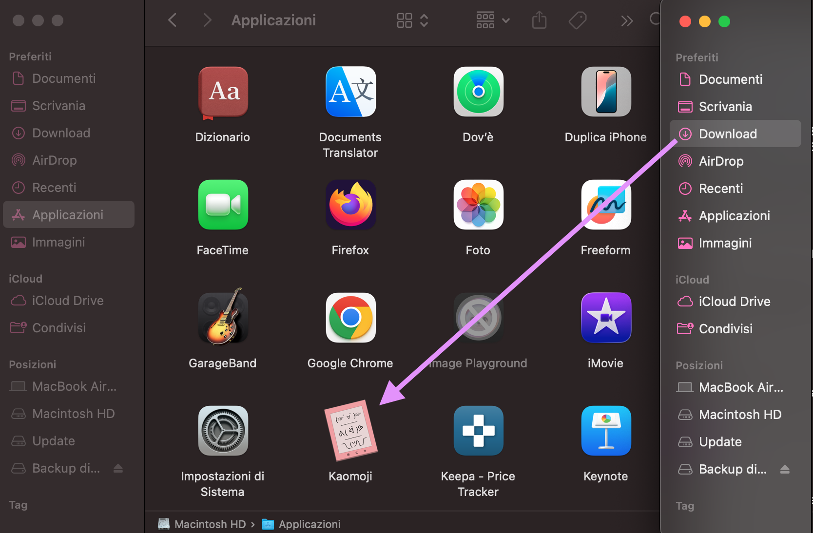 Finder su Mac mostra la cartella Download. Dopo aver inviato l’app con AirDrop, trascina il programma da Download a Applicazioni per salvarlo nella posizione corretta.
