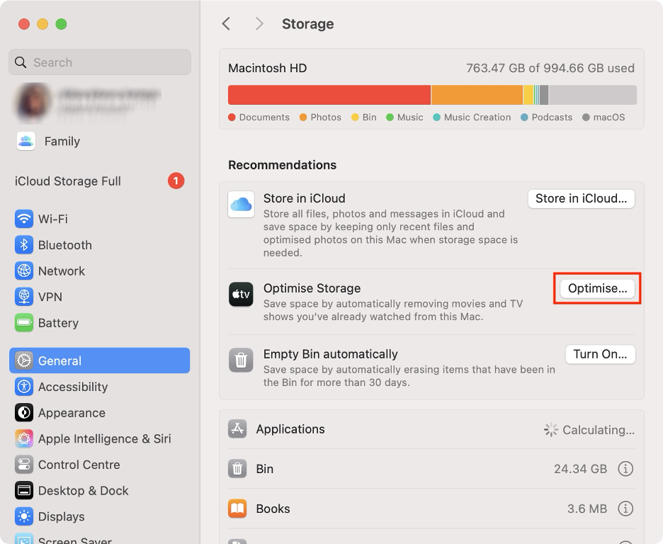 To clear up your Mac from unnecessary files, click the Optimize button next to Optimize Storage.
