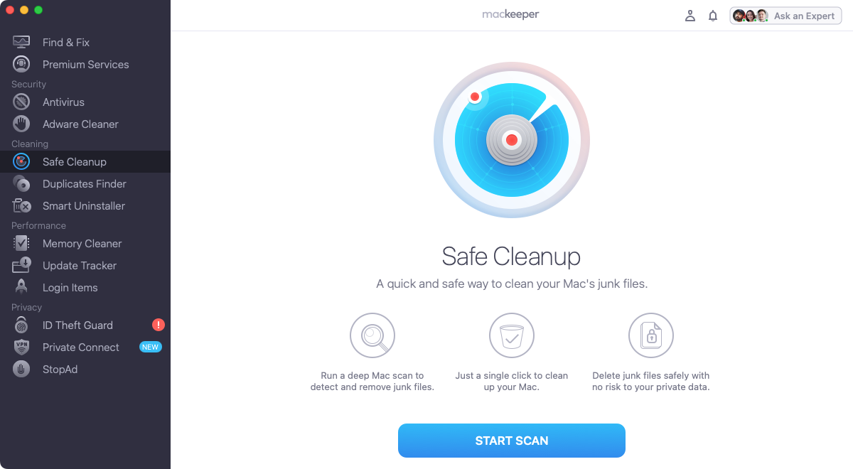 The MacKeeper Safe Cleanup tool will find and remove all kinds of junk files from your Mac, saving space and helping with overall performance. The MacKeeper Safe Cleanup tool will find and remove all kinds of junk files from your Mac, saving space and helping with overall performance.