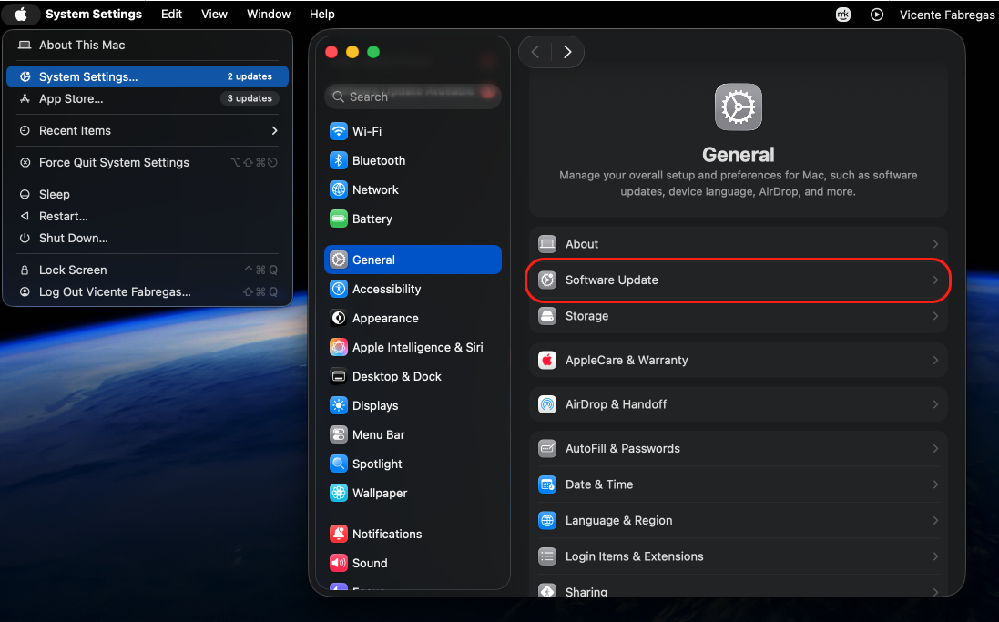 Going to Apple menu, System Settings, General, then Software Update on macOS lets you install pending updates to fix the damaged app.