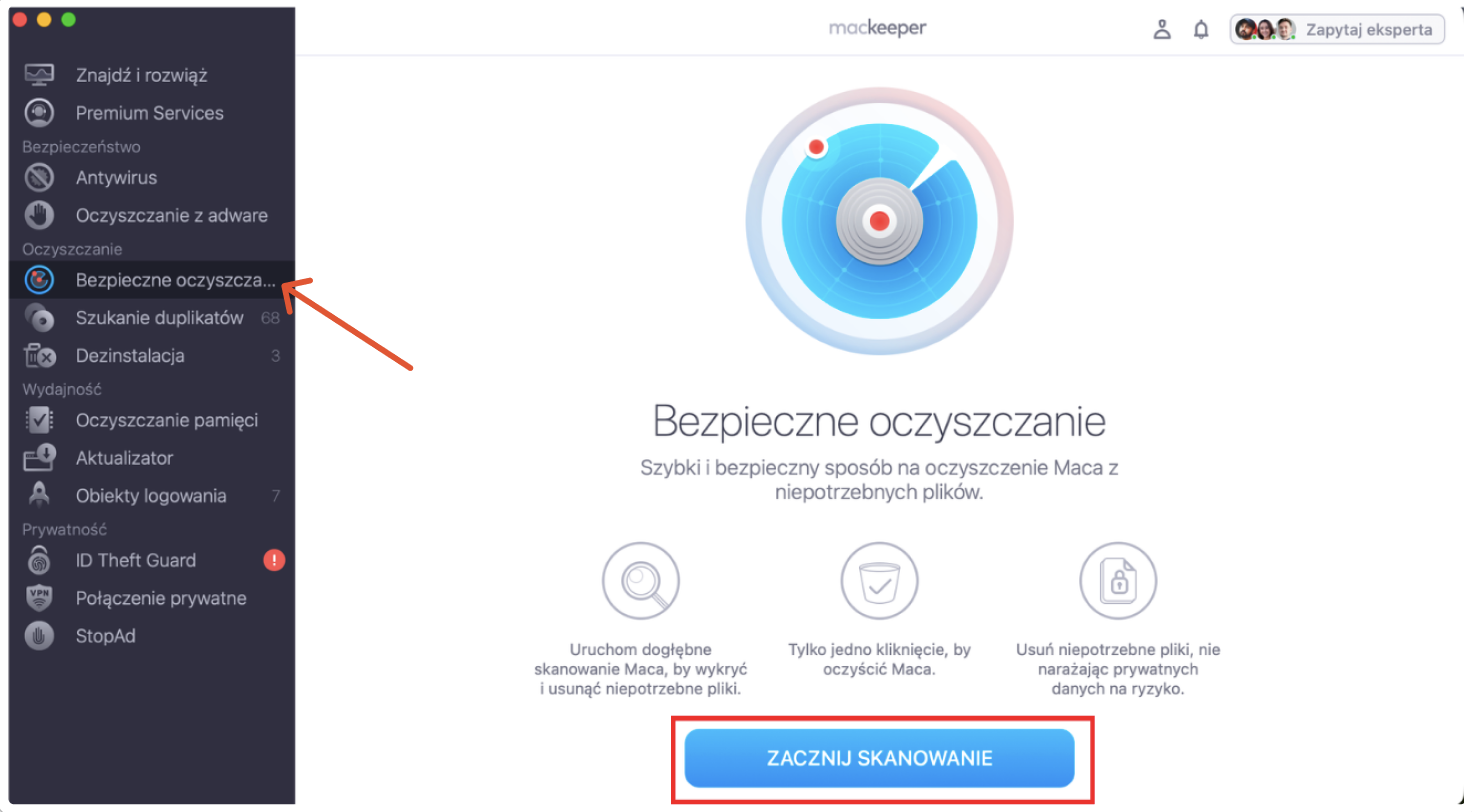 Przejdź do MacKeeper i wybierz Bezpieczne oczyszczanie, które znajdziesz w Oczyszczanie. Możesz też od razu kliknąć Zacznij skanowanie, aby przejść dalej.