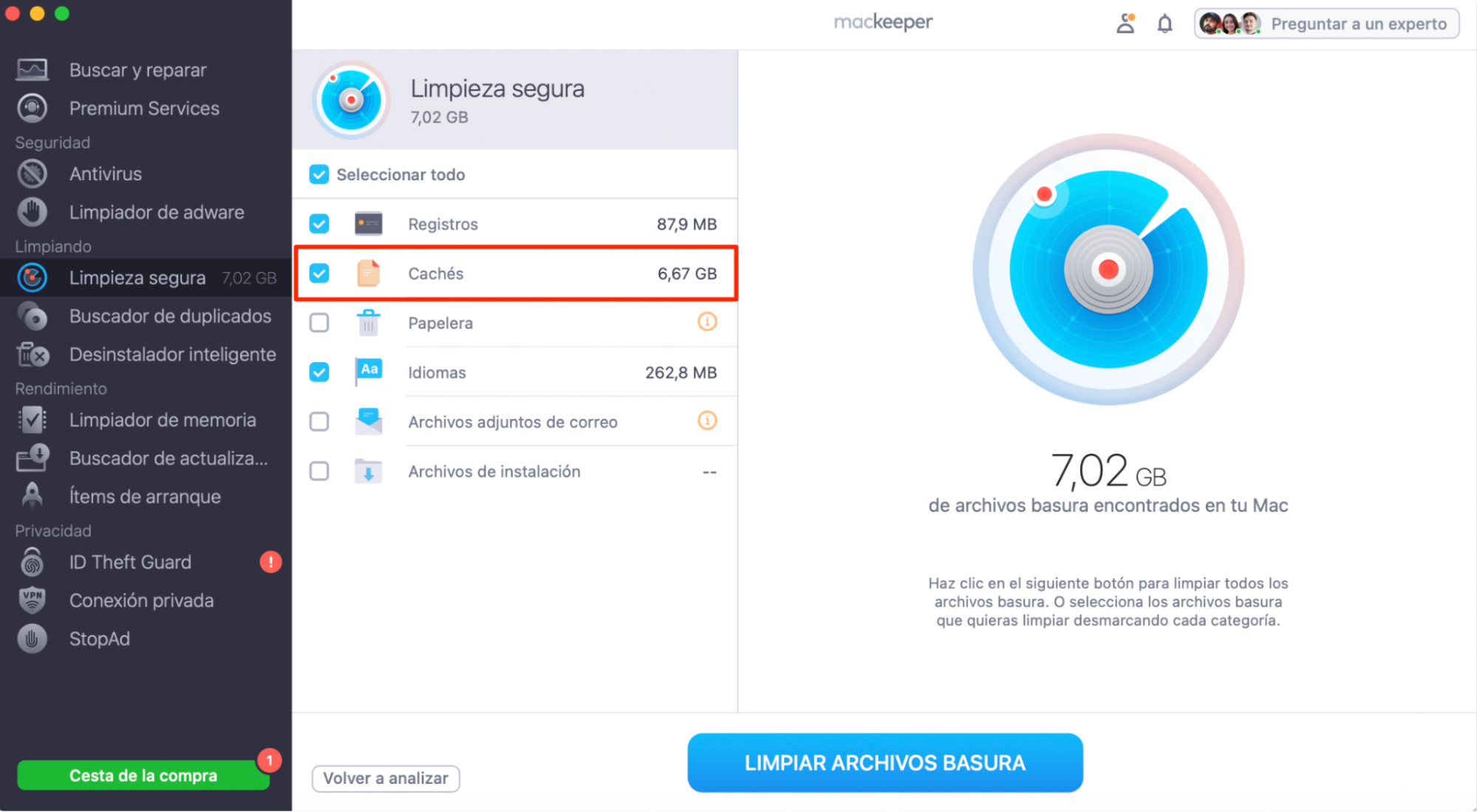 Cuando los resultados aparezcan en tu dispositivo, marca la casilla junto a Cachés. A continuación tendrás que ir a Limpiar archivos basura para empezar a eliminar todo de tu Mac Monterey.