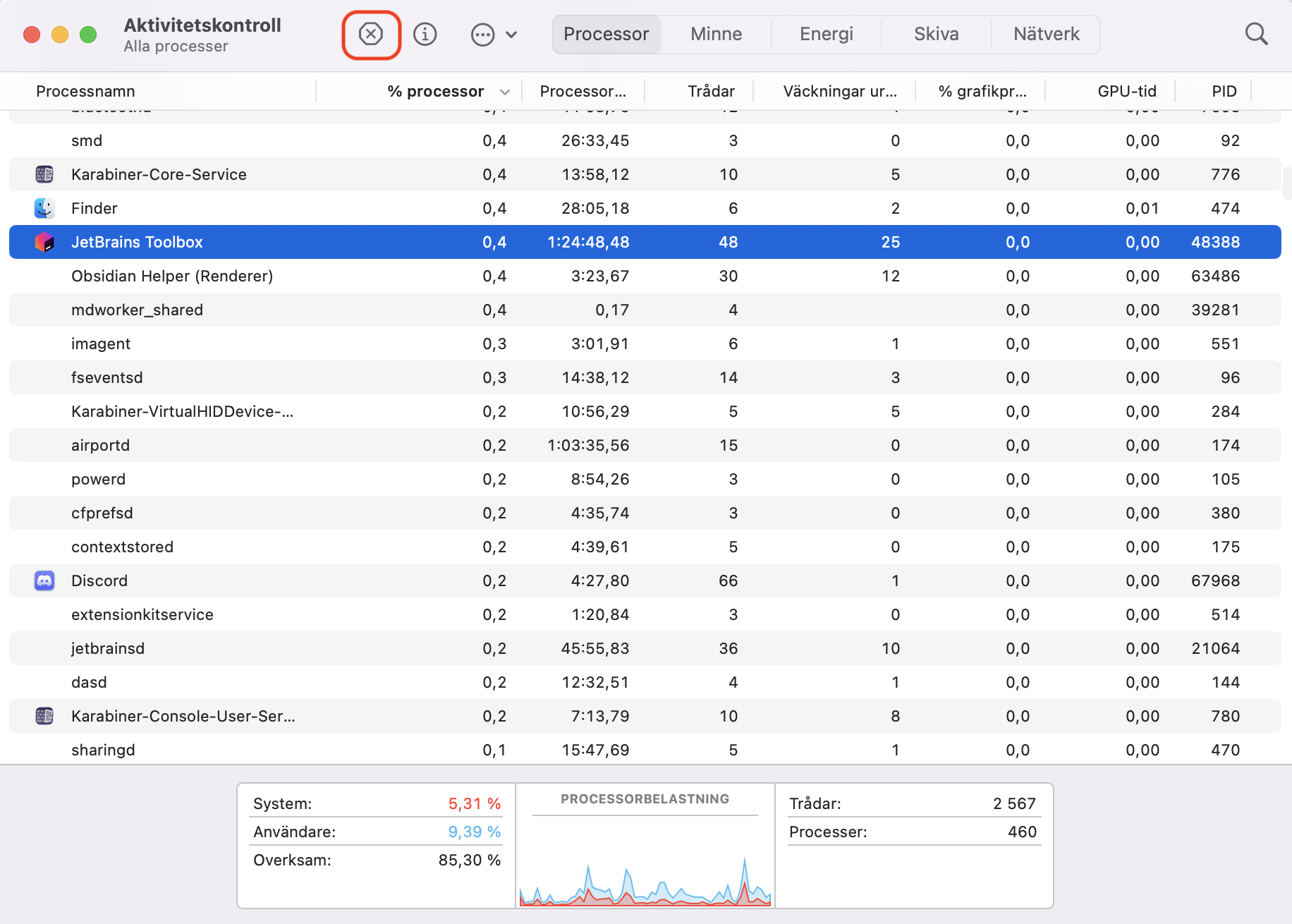 En lista över aktiva processer i Aktivitetskontroll på Mac. Om du hittar något misstänkt när du kontrollerar skadlig programvara på Mac, markera processen och klicka på X för att stänga den.