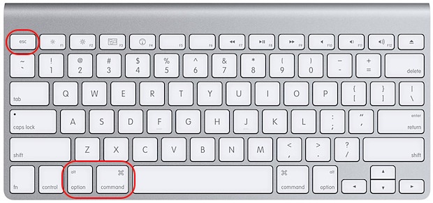 Mac keyboard with Command, Option, and Esc keys circled, the Force Quit shortcut that frees cores from codesign high CPU on macOS.