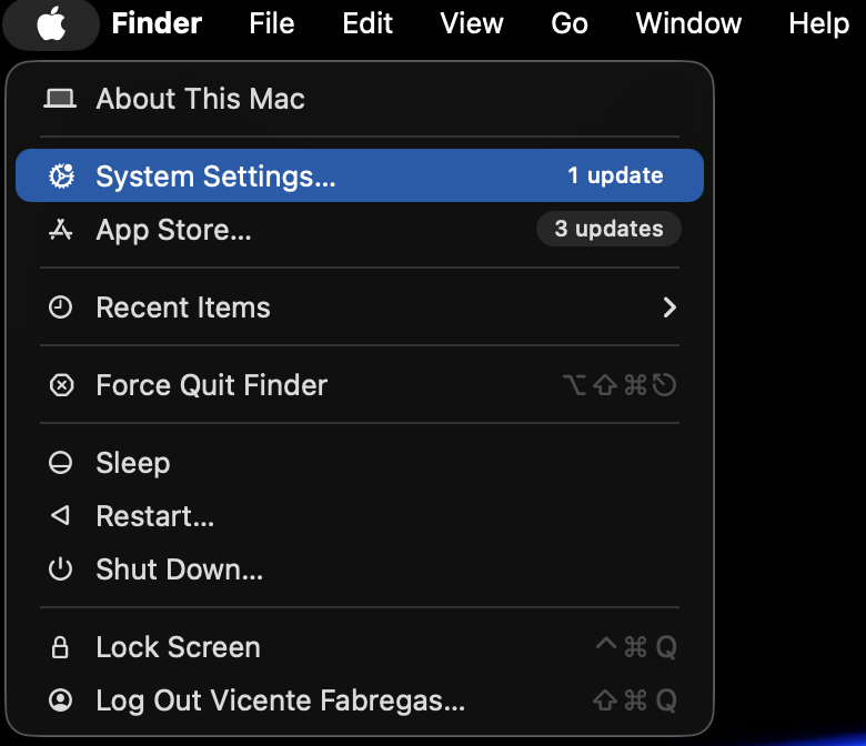 Apple menu opened on a MacBook Pro in macOS Sonoma with System Settings selected to set up Touch ID for fast user switching between accounts.