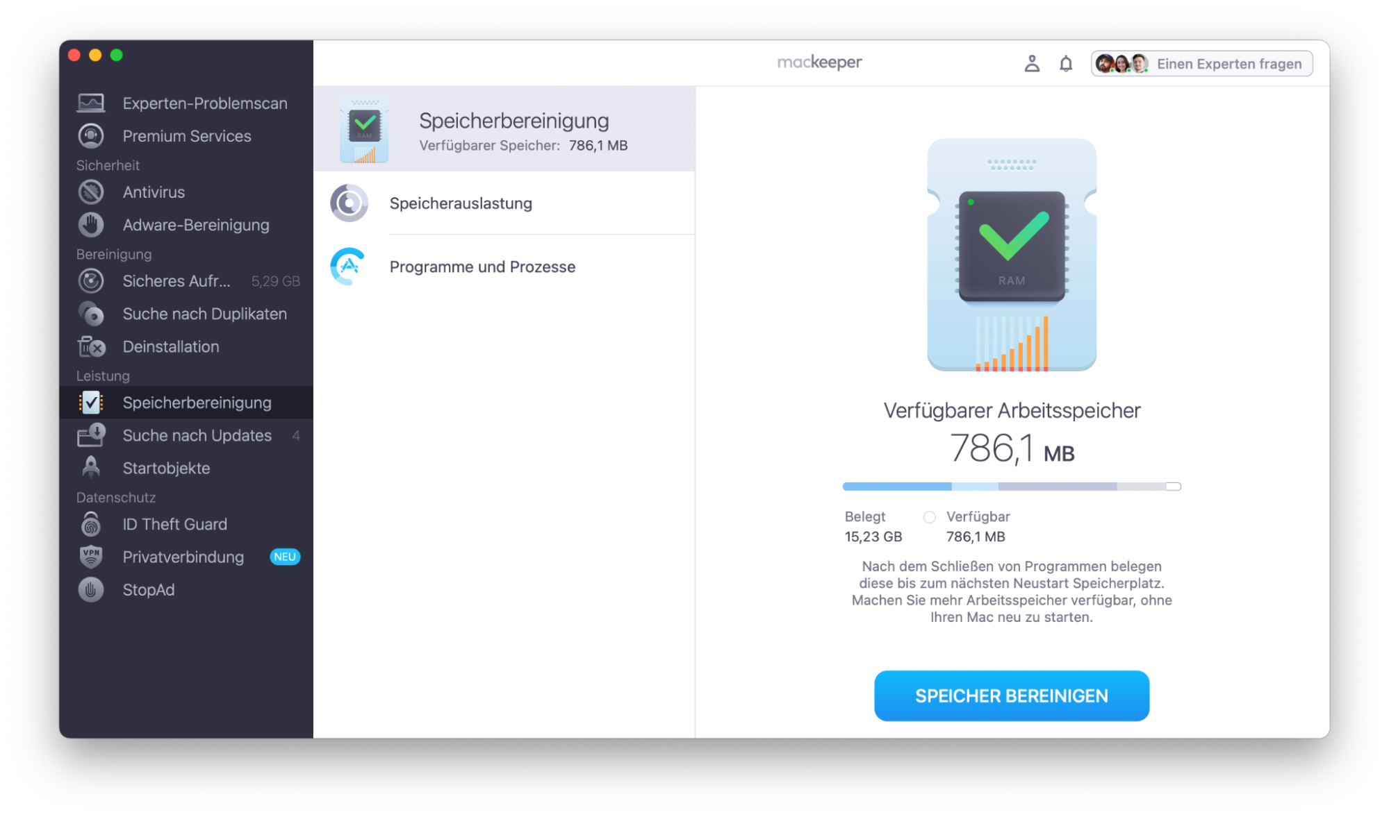 Überprüfen Sie den Abschnitt Speicherauslastung und klicken Sie auf Speicher bereinigen. Wählen Sie im Abschnitt Apps & Prozesse unnötige Prozesse aus und beenden Sie diese.