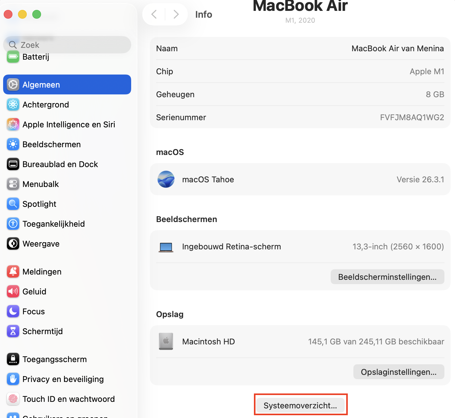 Om te controleren of je Mac in de Veilige modus staat, klik je op het Apple-logo en kies je Over deze Mac. Klik vervolgens op Systeemoverzicht.