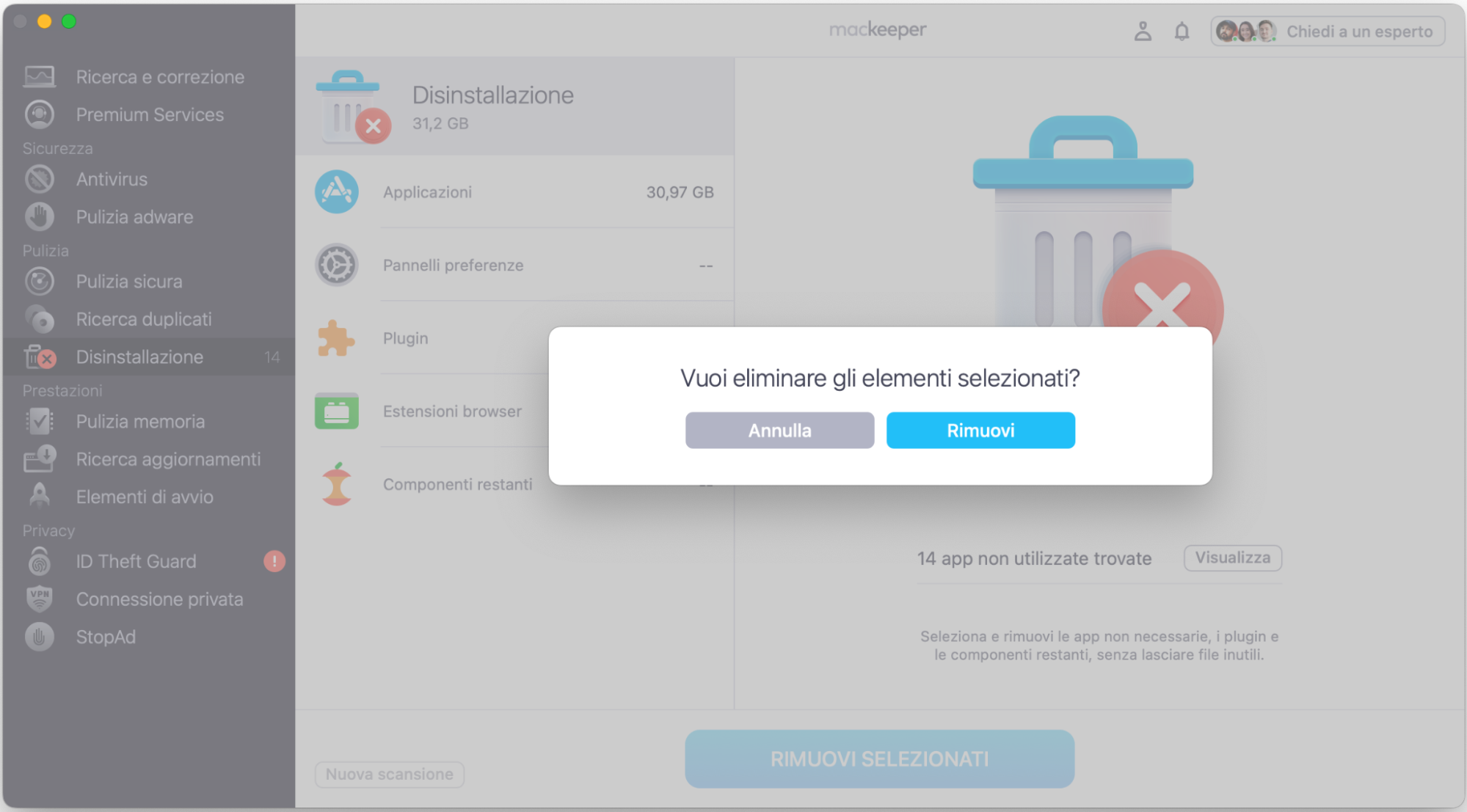 In Disinstallazione di MacKeeper, conferma la scelta facendo clic sul pulsante Rimuovi per eliminare definitivamente le app e i file residui selezionati.