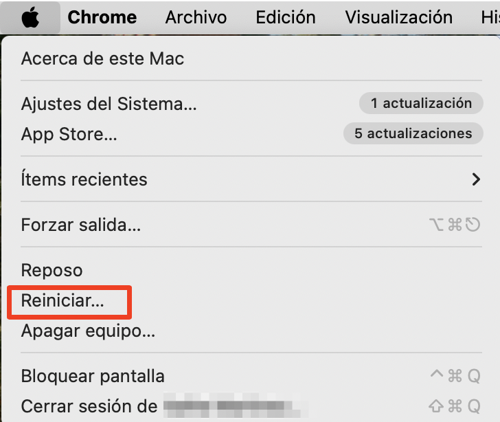 Puede que necesites reiniciar tu Mac para arreglar Chrome. Haz clic en el logotipo de Apple y selecciona Reiniciar.