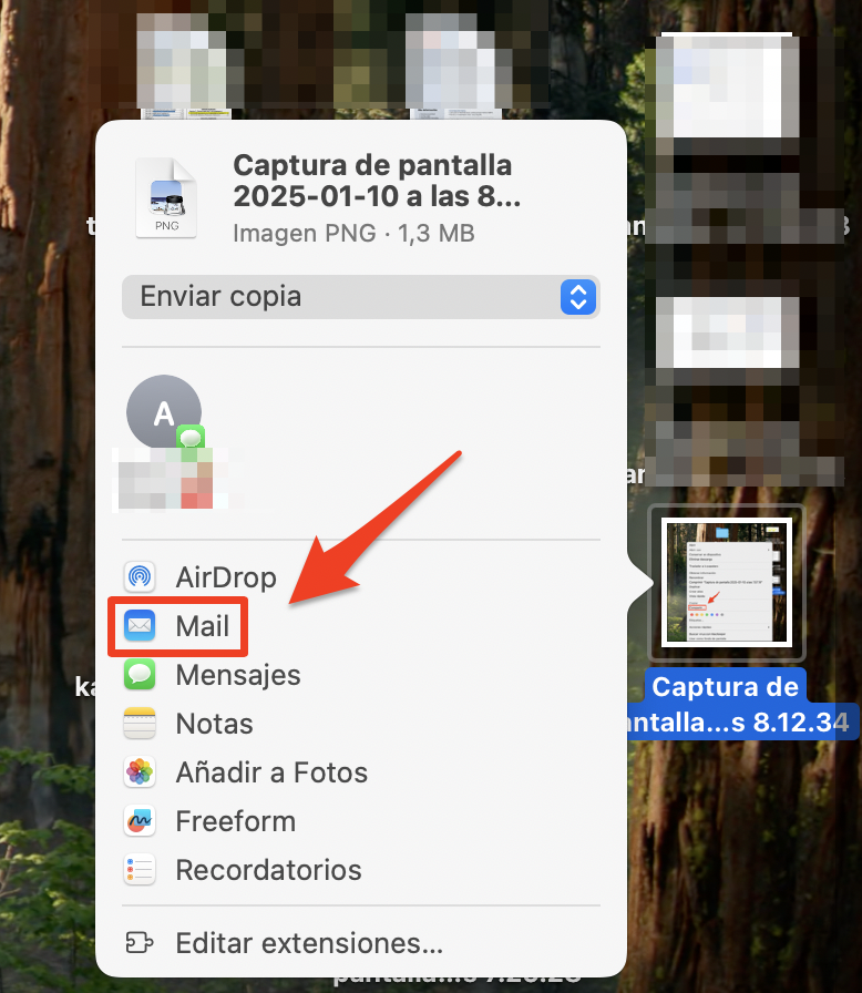 El menú Compartir del Mac muestra todas las opciones de uso compartido. Selecciona Mail para mover datos de Mac a Mac por correo electrónico. El menú Compartir del Mac muestra todas las opciones de uso compartido. Selecciona Mail para mover datos de Mac a Mac por correo electrónico.
