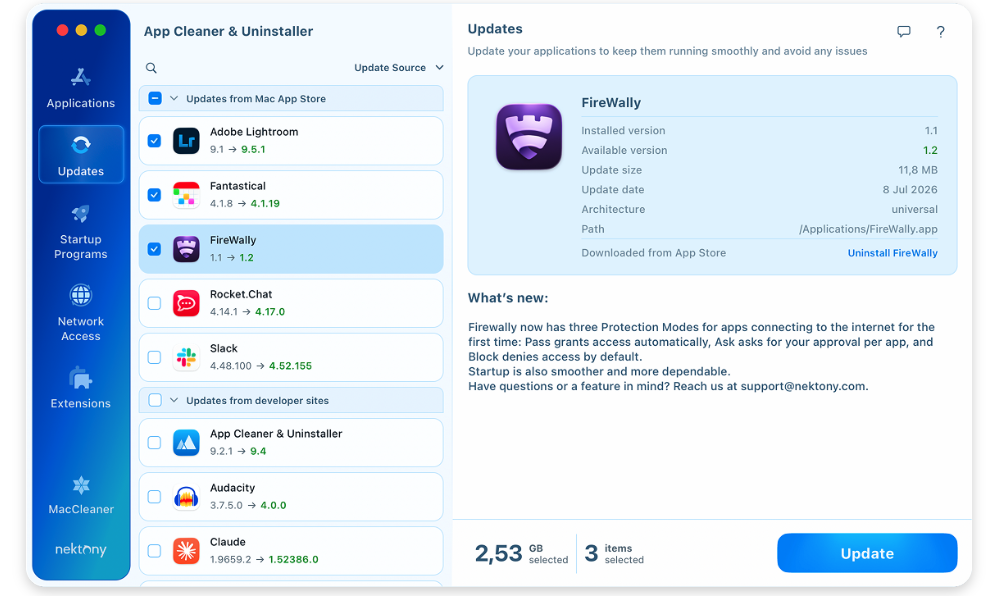 Nektony App Cleaner & Uninstaller Updates tab on an iMac, listing app updates with checkboxes and the blue Update button at the corner.