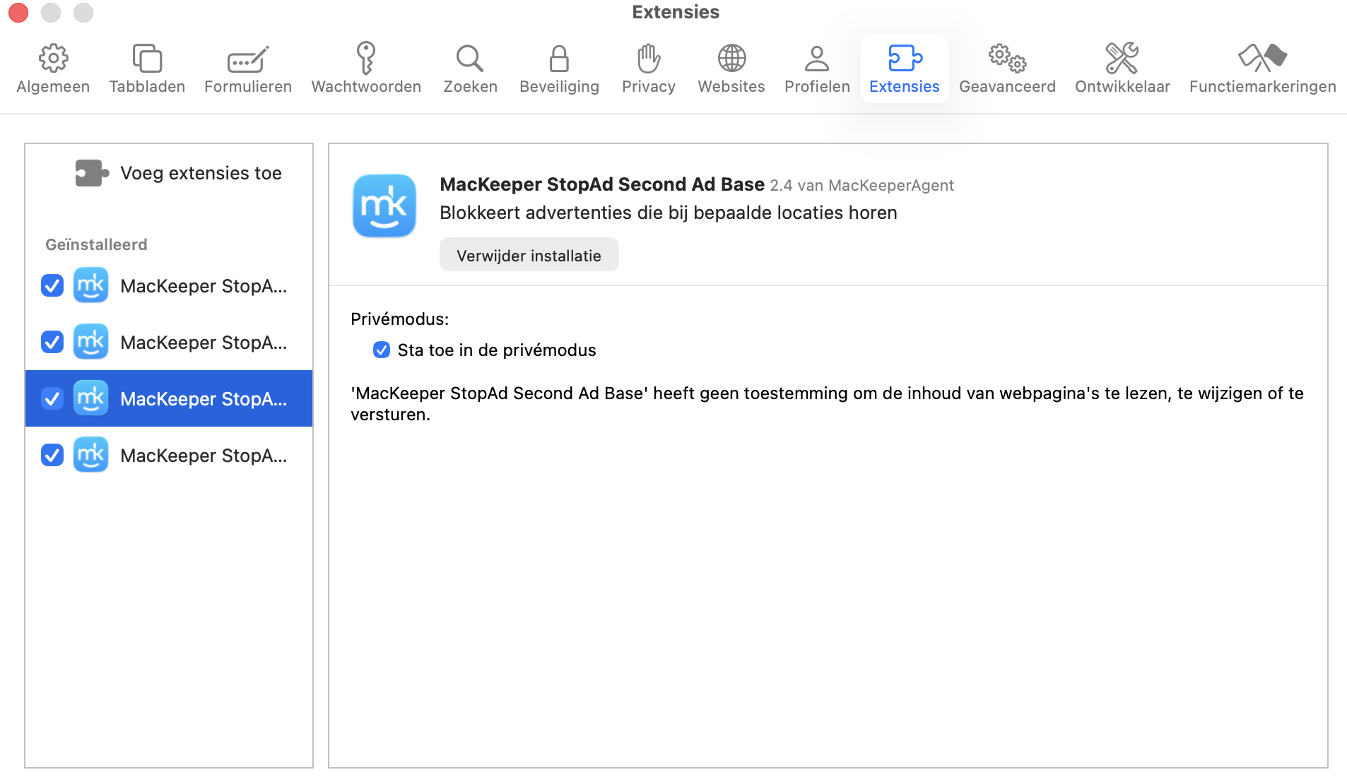 Bekijk de lijst met extensies, selecteer de overbodige en klik op de knop Verwijderen om ze te verwijderen.