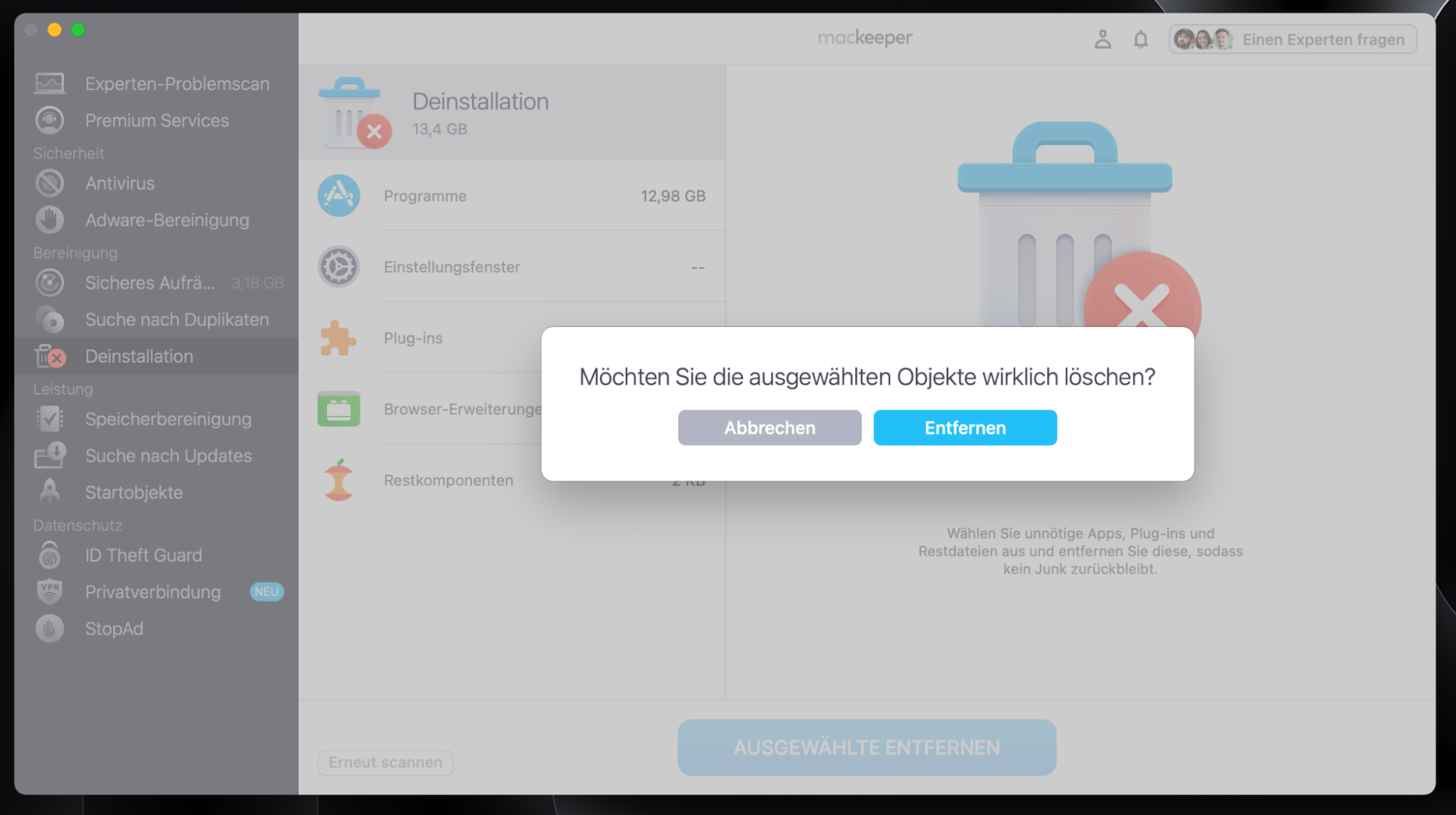 Klicken Sie in einem Popup-Fenster auf Entfernen, um den Vorgang abzuschließen.