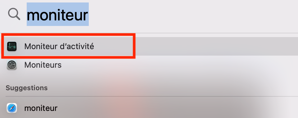 Libérez de la RAM pour que Chrome fonctionne correctement. Cherchez le Moniteur d’activité avec Spotlight et ouvrez-le.
