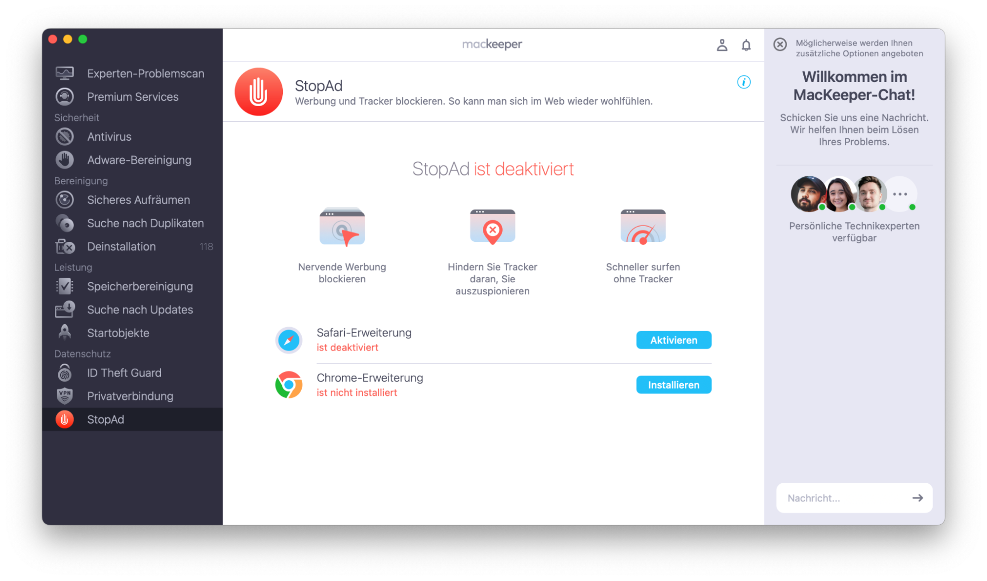 Fenster zu StopAd von MacKeeper, ohne derzeit aktivierte Optionen. So verwenden Sie einen Werbeblocker, Teil einer Anleitung, wie man gefälschte McAfee-Pop-ups auf dem Mac blockieren kann.
