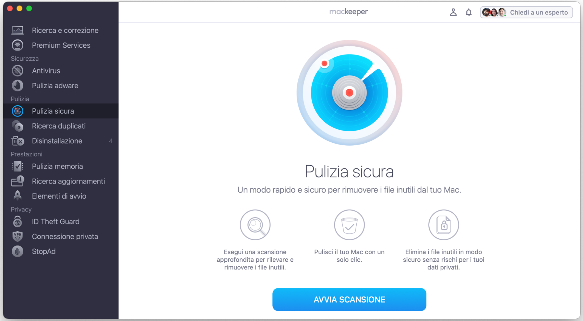 Il secondo metodo per cancellare la cache di Safari è usare un’app di terze parti come MacKeeper. Scarica e apri MacKeeper, seleziona la funzione Pulizia sicura e clicca su Avvia scansione.