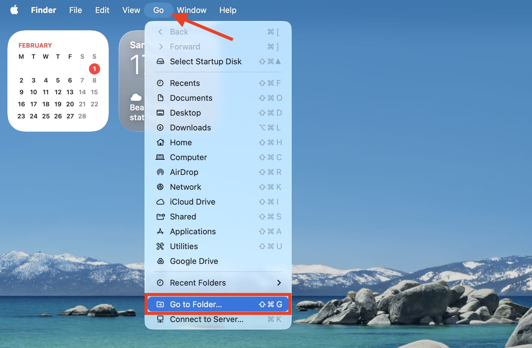 The Go to Folder option inside the Go menu on Mac. You can use this to access the Users folder where you can update your Home directory before you change user name on Mac.