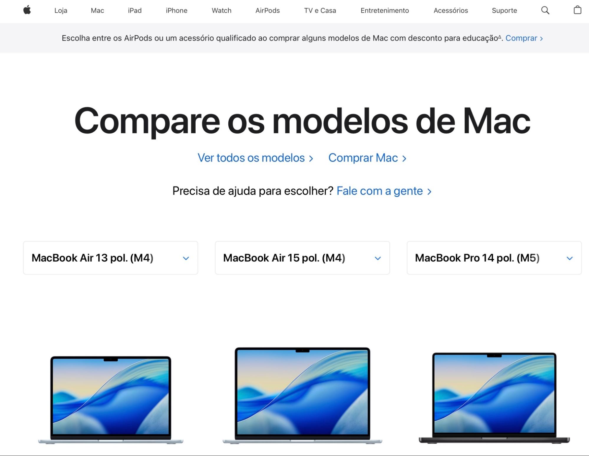 Opções básicas de Mac exibidas, dentro da categoria Notebook, como uma comparação visual rápida das principais características e preços.