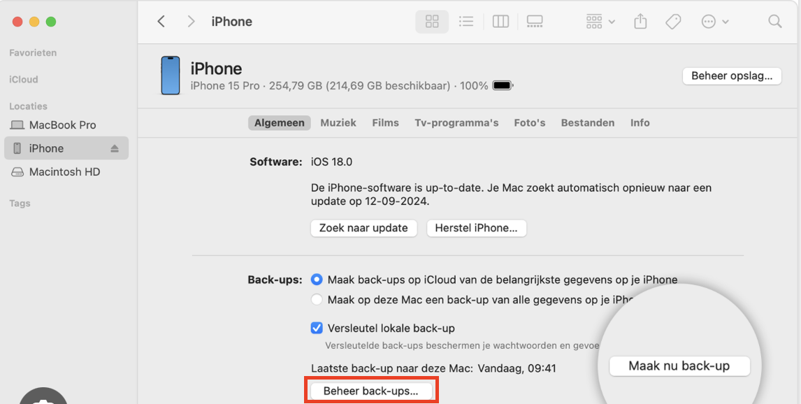 Knop ‘Beheer reservekopieën’ om te beginnen met het verwijderen van iOS-reservekopieën.
