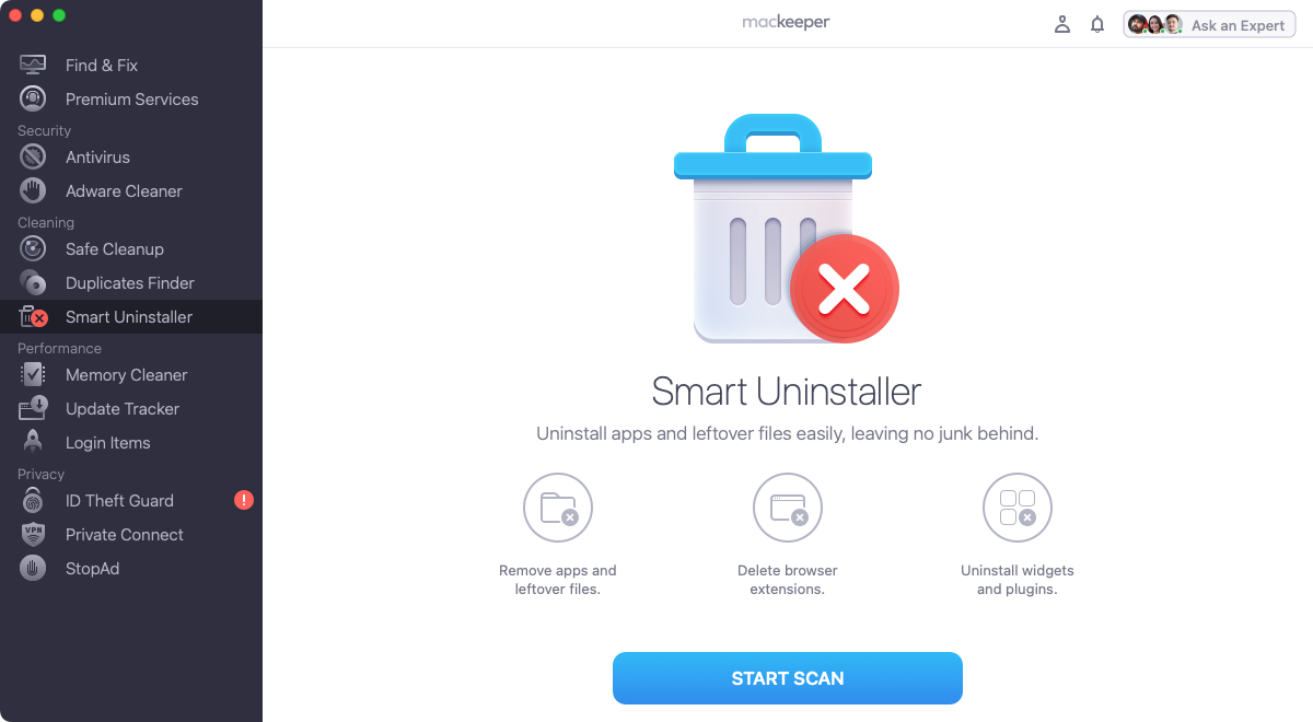With MacKeeper's Smart Uninstaller feature, you can quickly remove OneDrive and other apps from your Mac. Start by selecting the app, then click 'Start Scan'.