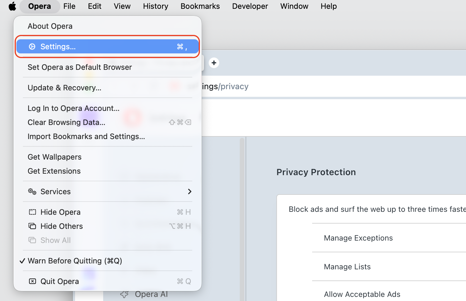 Opera menu opened on an iMac with the Settings option highlighted to access search engine and startup options changed by the Chromium virus.