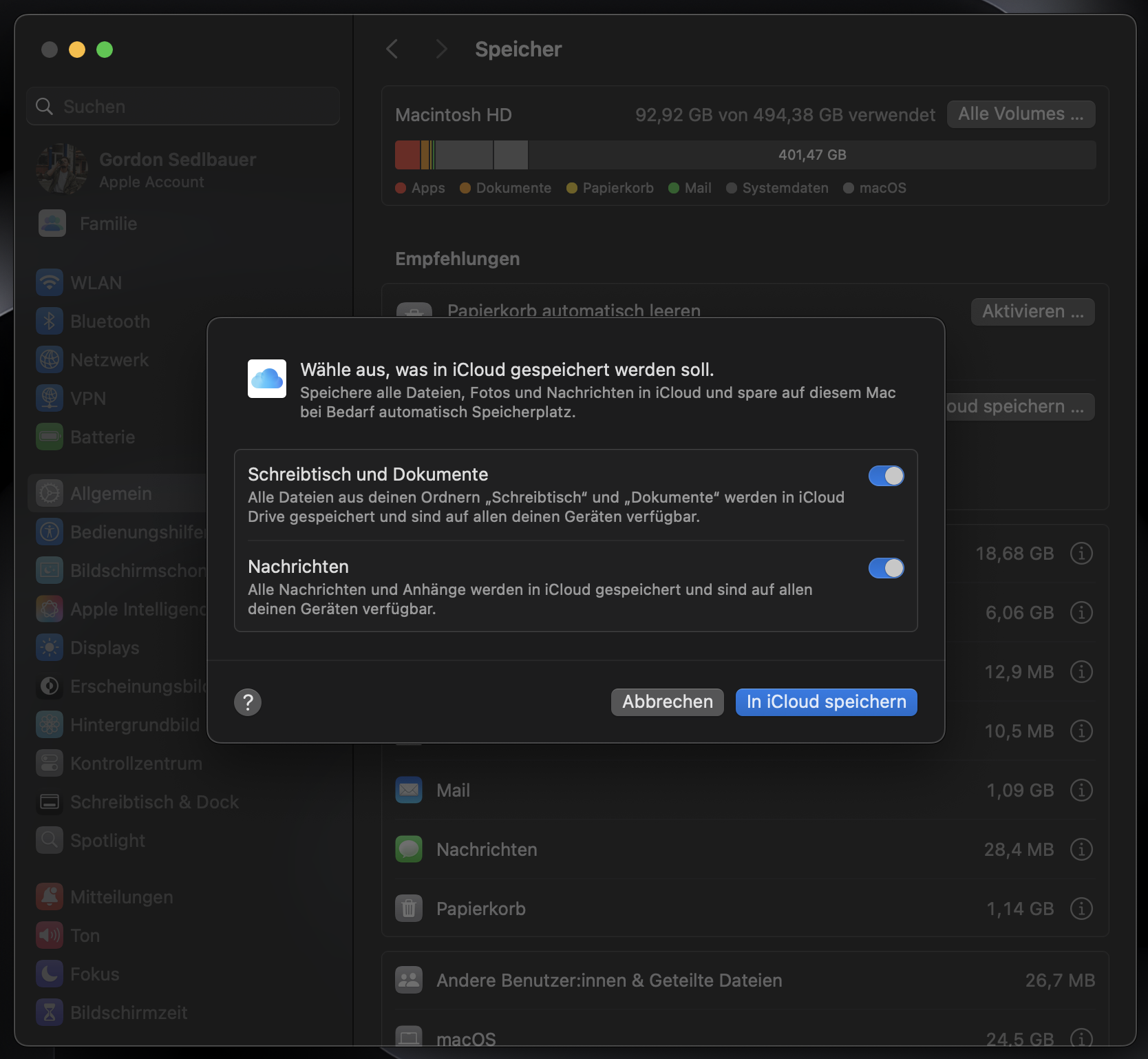 Sehen Sie sich die Liste der in iCloud zu speichernden Elemente an. Markieren Sie die Dateien und klicken Sie auf In iCloud speichern.