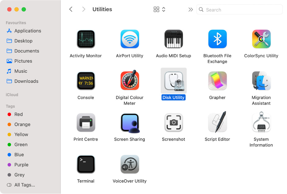 To fix disk issues related to the installer information on the recovery server is damaged error on your Mac, launch Disk Utility from the Utilities folder.