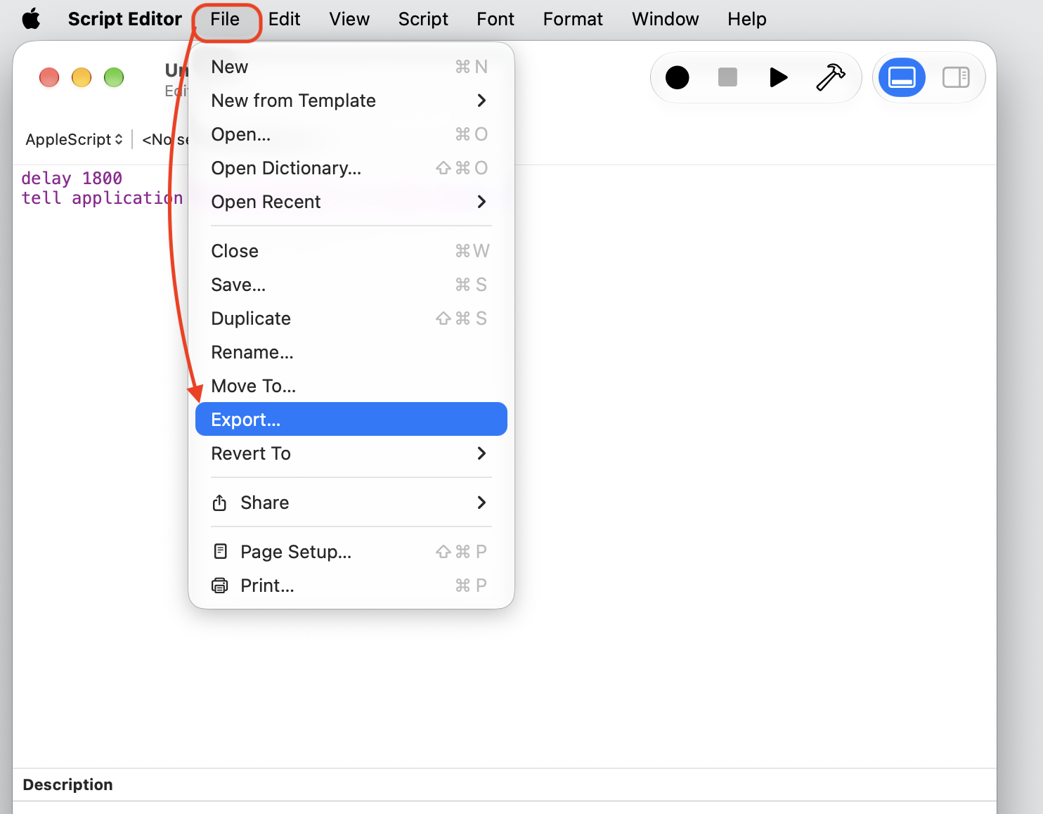Script Editor File menu open on a MacBook with Export highlighted to save the shutdown timer AppleScript as a double-click application.