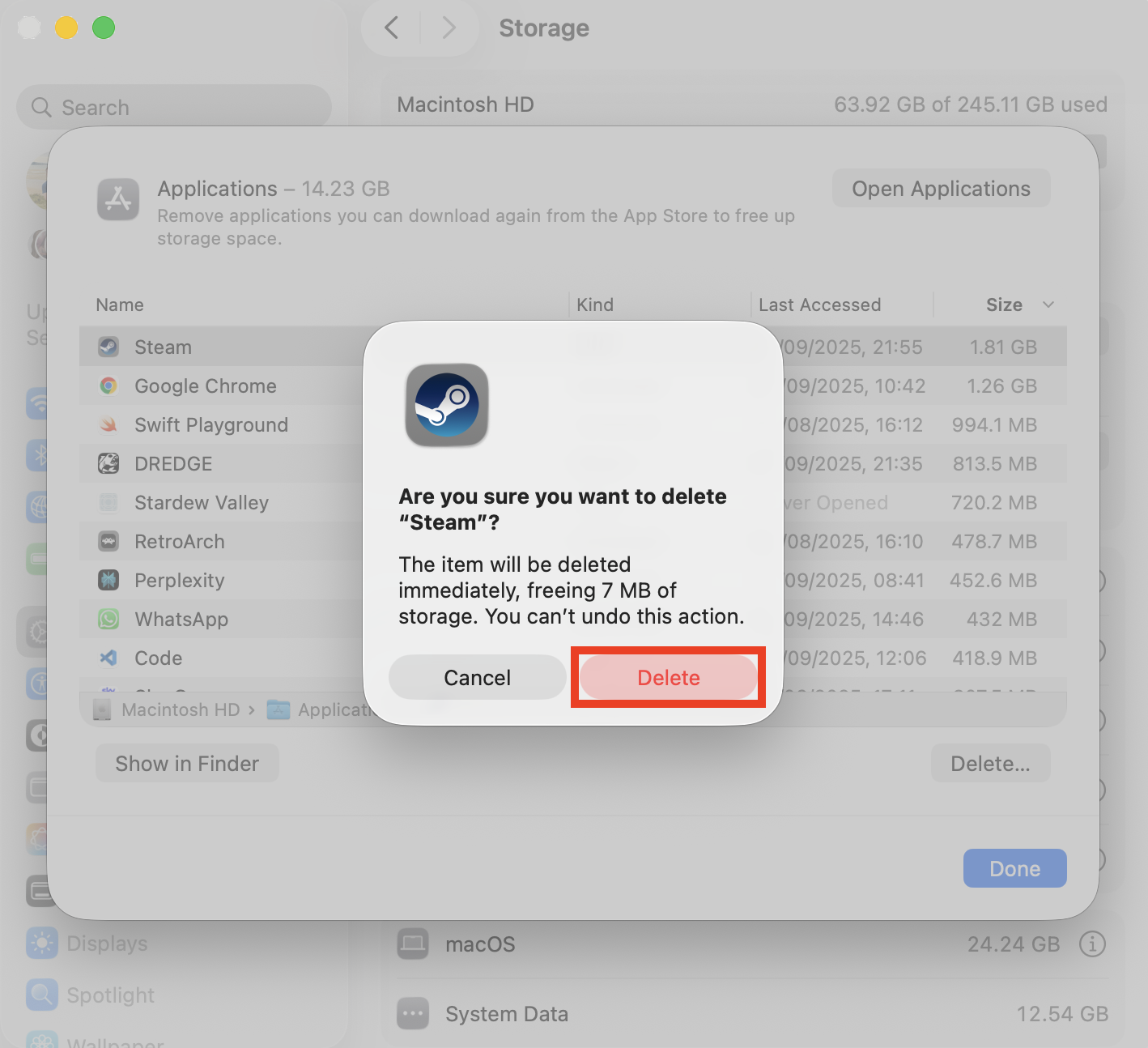The Delete confirmation prompt in the Storage menu on Mac. Remove unwanted items to free up space when you find Disk Utility not loading on Mac.