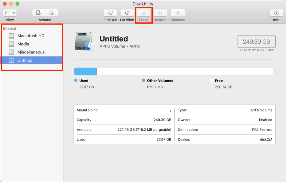 To wipe your MacBook Pro running High Sierra, select your startup disk from the sidebar, then click the Erase icon at the top.